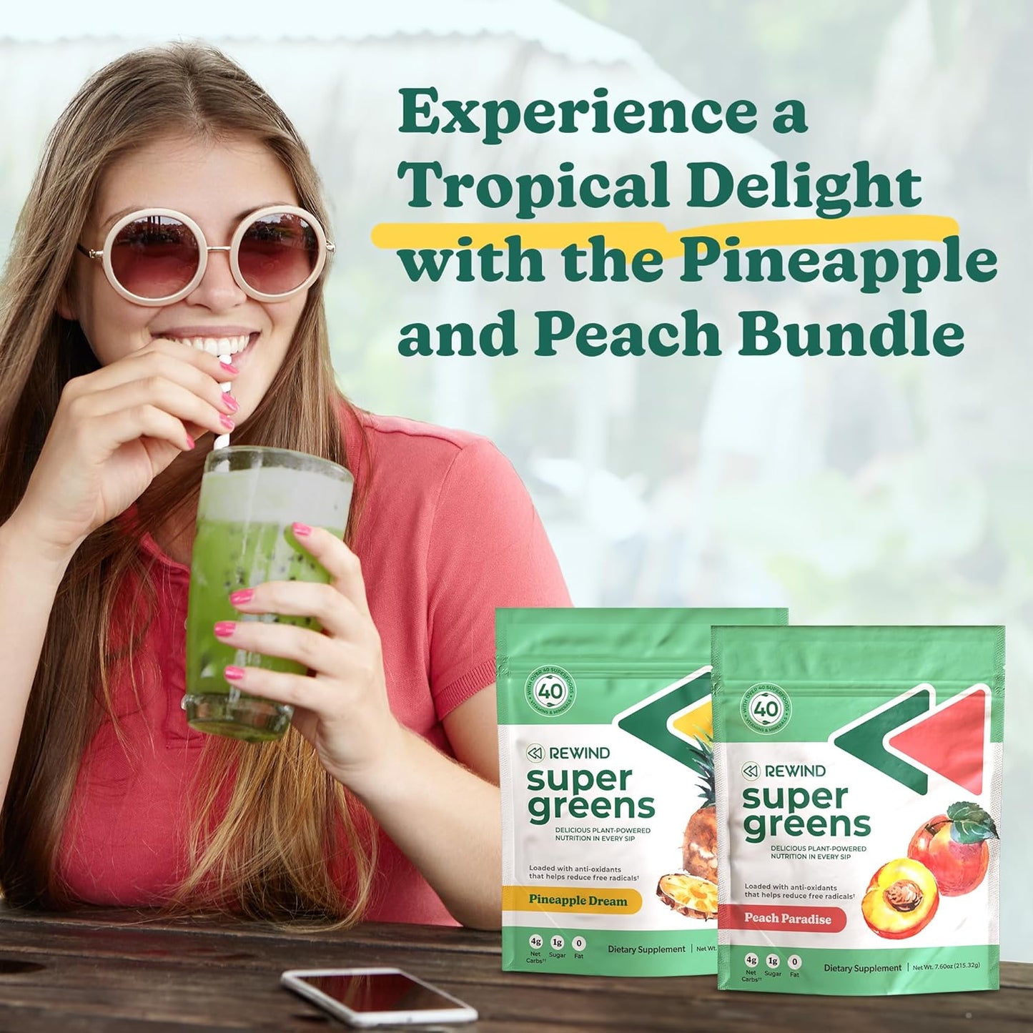 Pineapple and Peach Super Greens Powder with Over 40 Superfoods for Energy, Immunity, and Gut Health