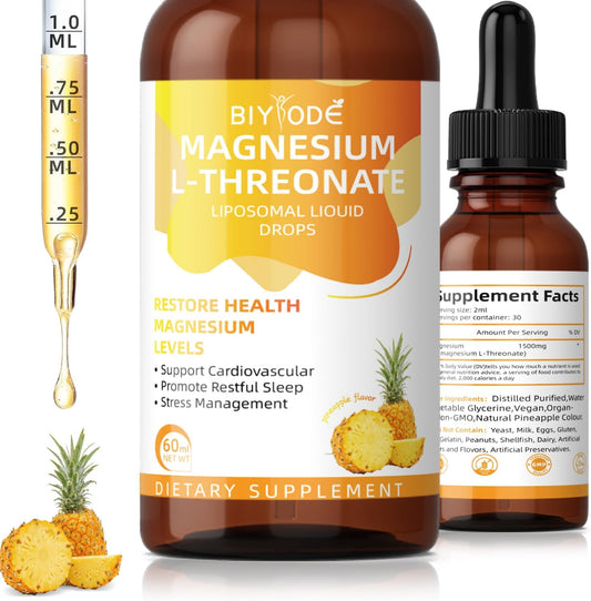 Pineapple Flavored BIYODE Magnesium L-Threonate Liquid Drops for Restoring Health and Managing Stress - 60ml Bottle
