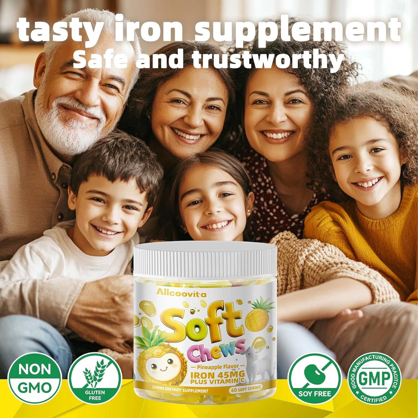 Pineapple Flavored Iron Soft Chew Supplement with Vitamin C - Gluten Free - 60 Count - 2 Month Supply for Women, Men, and Kids