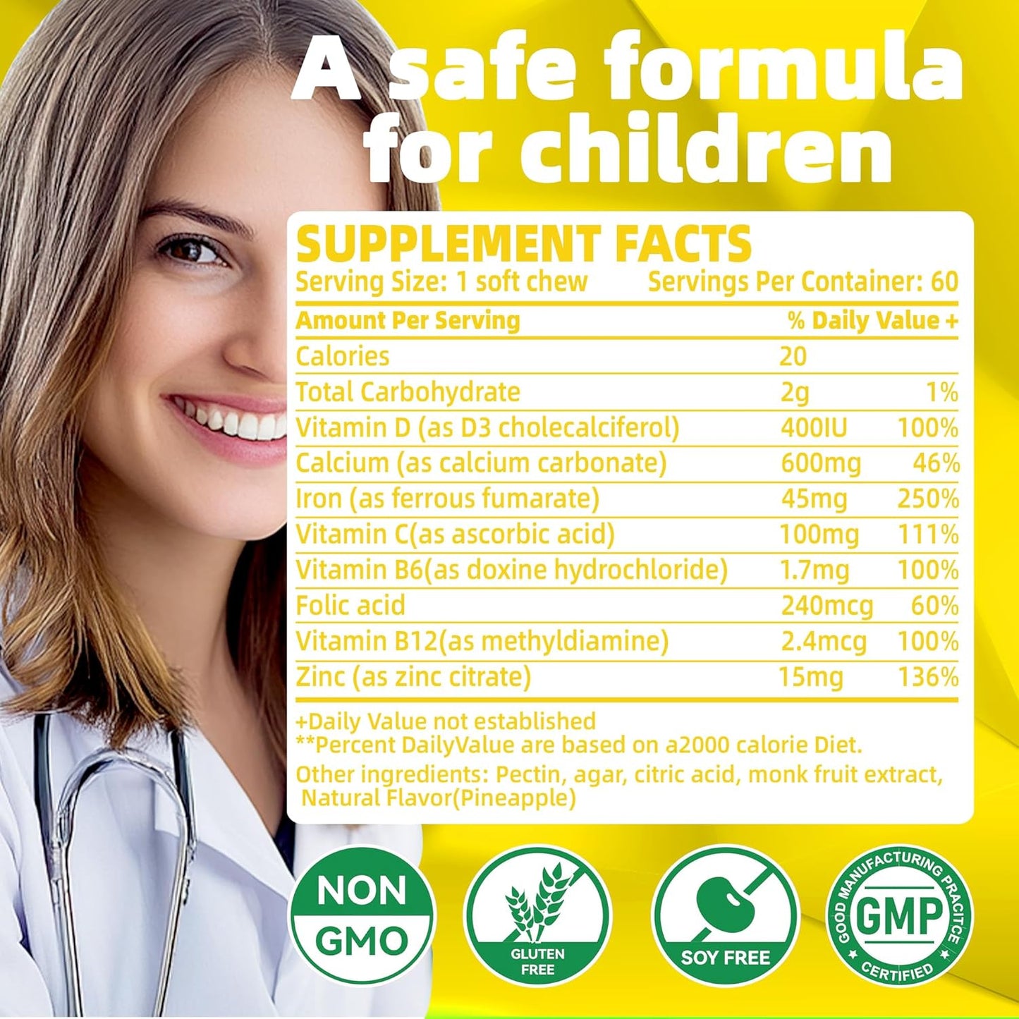 Pineapple Flavored Iron Soft Chew Supplement with Vitamin C - Gluten Free - 60 Count - 2 Month Supply for Women, Men, and Kids