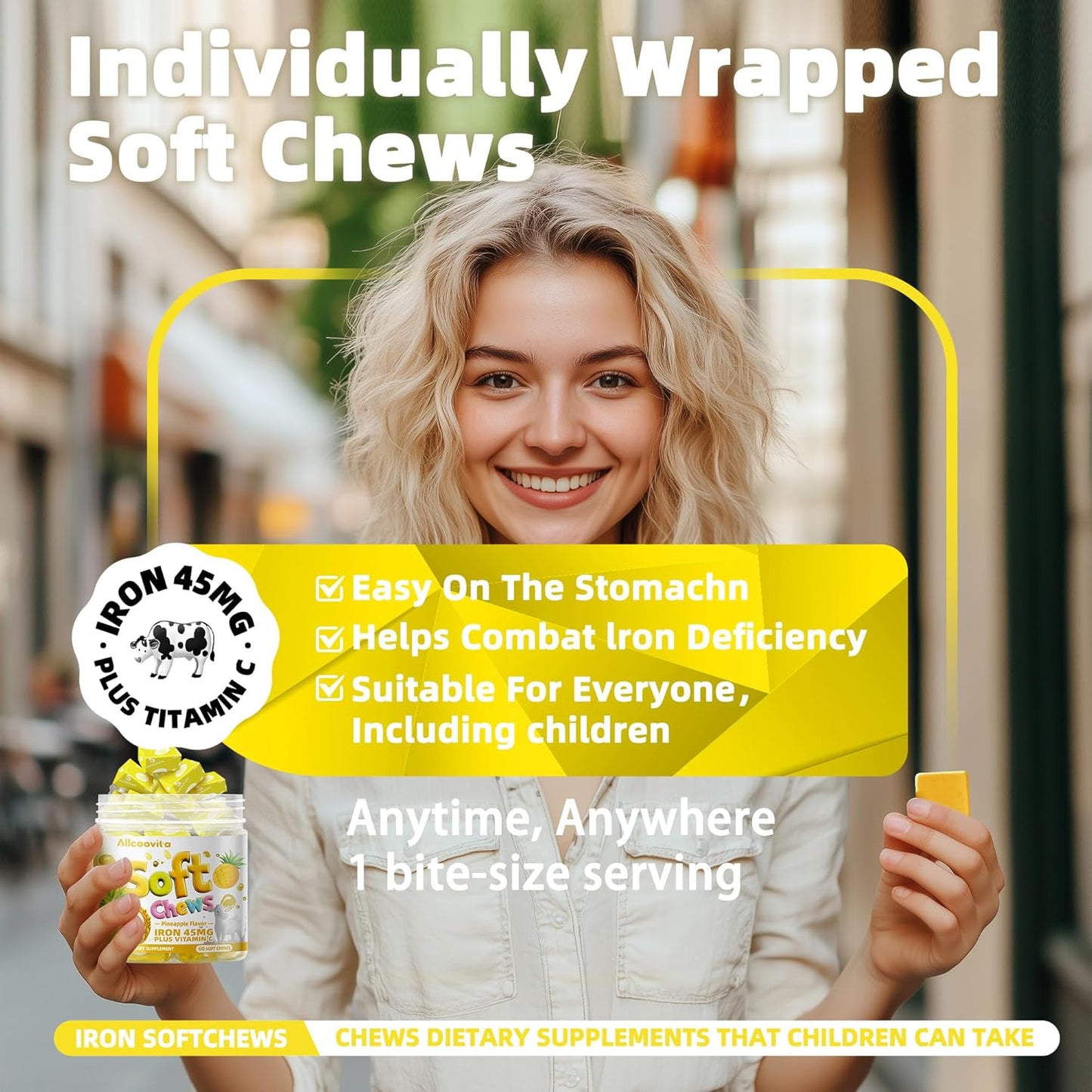 Pineapple Flavored Iron Soft Chew Supplement with Vitamin C - Gluten Free - 60 Count - 2 Month Supply for Women, Men, and Kids