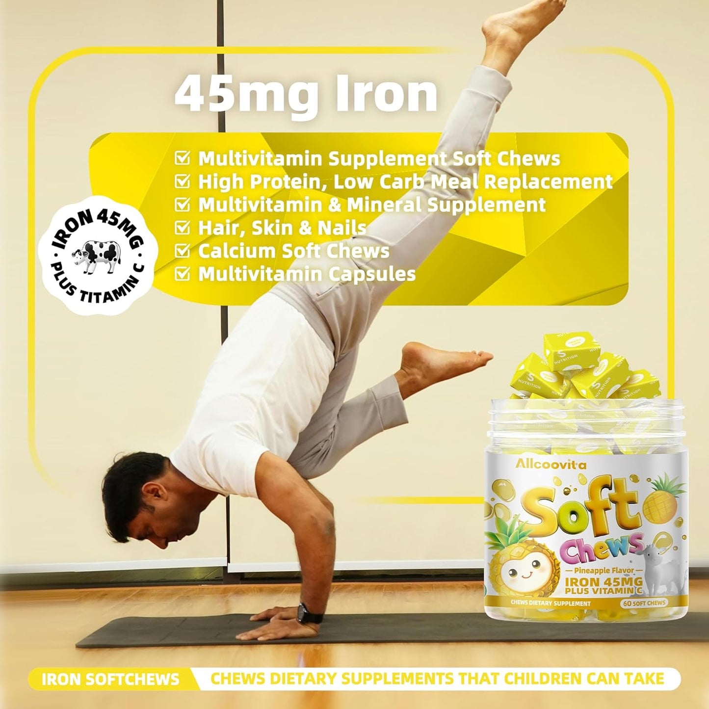 Pineapple Flavored Iron Soft Chew Supplement with Vitamin C - Gluten Free - 60 Count - 2 Month Supply for Women, Men, and Kids