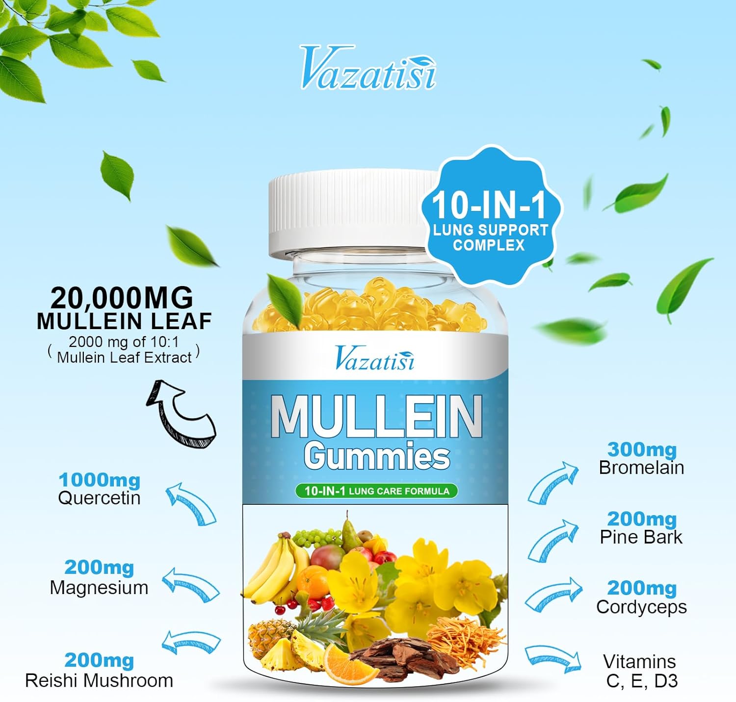 Pineapple Flavored Lung Detox Gummies with Mullein Leaf Extract, Bromelain, Quercetin, and Magnesium - 120 Count