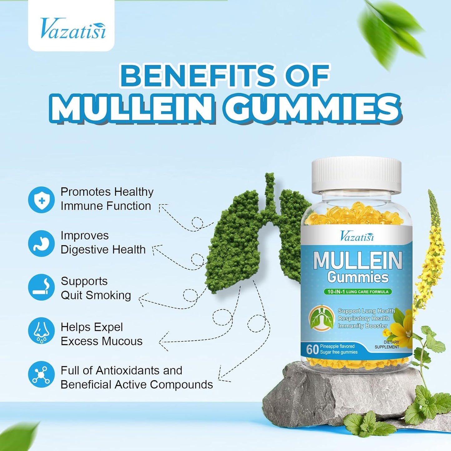 Pineapple Flavored Lung Detox Gummies with Mullein Leaf Extract, Bromelain, Quercetin, and Magnesium - 120 Count