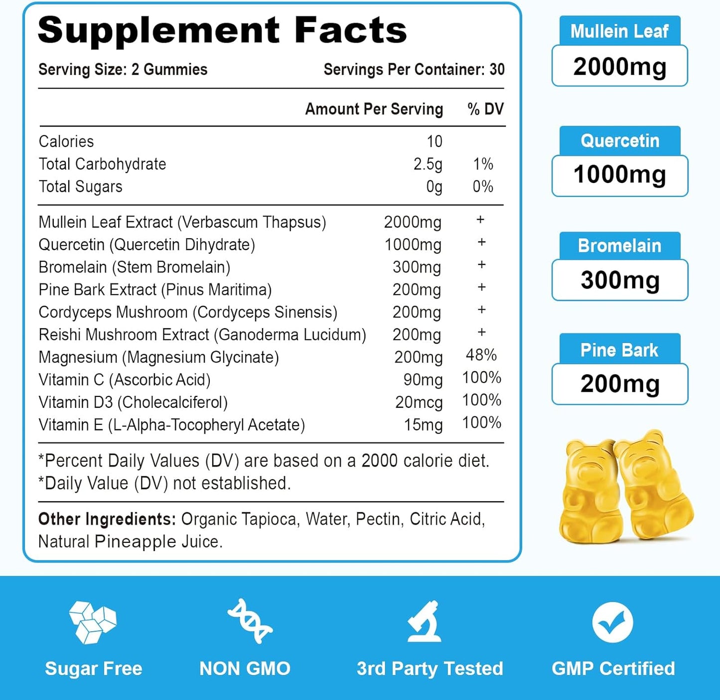 Pineapple Flavored Lung Detox Gummies with Mullein Leaf Extract, Bromelain, Quercetin, and Magnesium - 120 Count