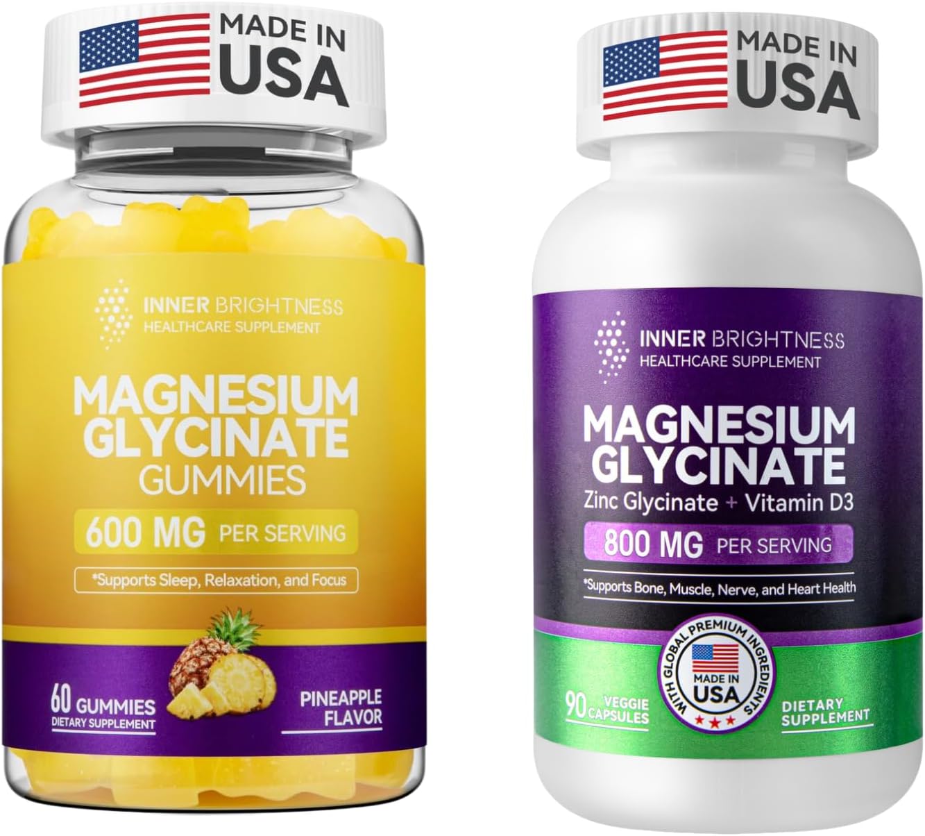 Pineapple Flavored Magnesium Glycinate Gummies and Capsules with Zinc and Vitamin D3 for Sleep, Relaxation, and Focus in Adults
