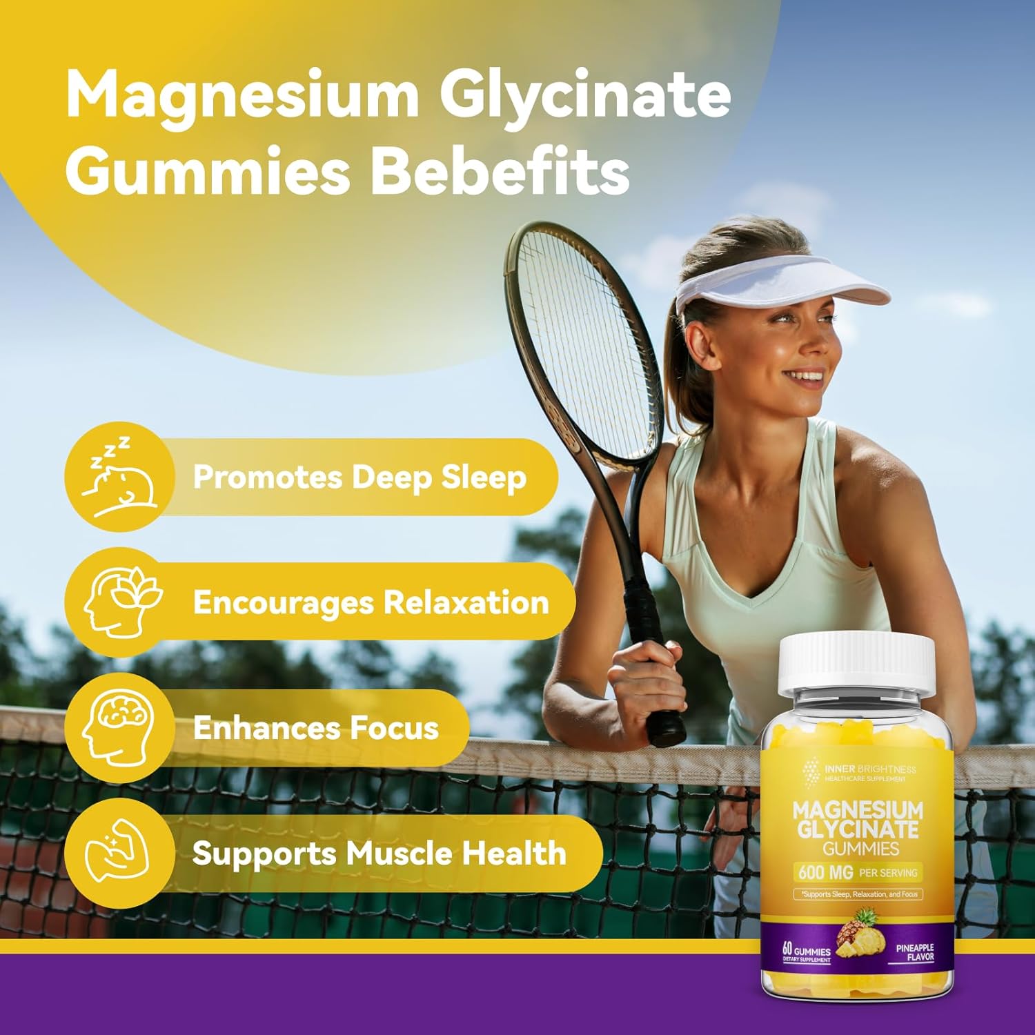 Pineapple Flavored Magnesium Glycinate Gummies and Capsules with Zinc and Vitamin D3 for Sleep, Relaxation, and Focus in Adults