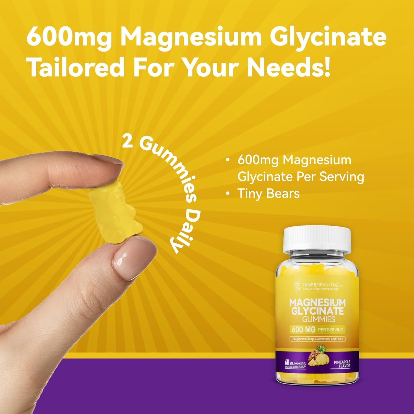 Pineapple Flavored Magnesium Glycinate Gummies and Capsules with Zinc and Vitamin D3 for Sleep, Relaxation, and Focus in Adults