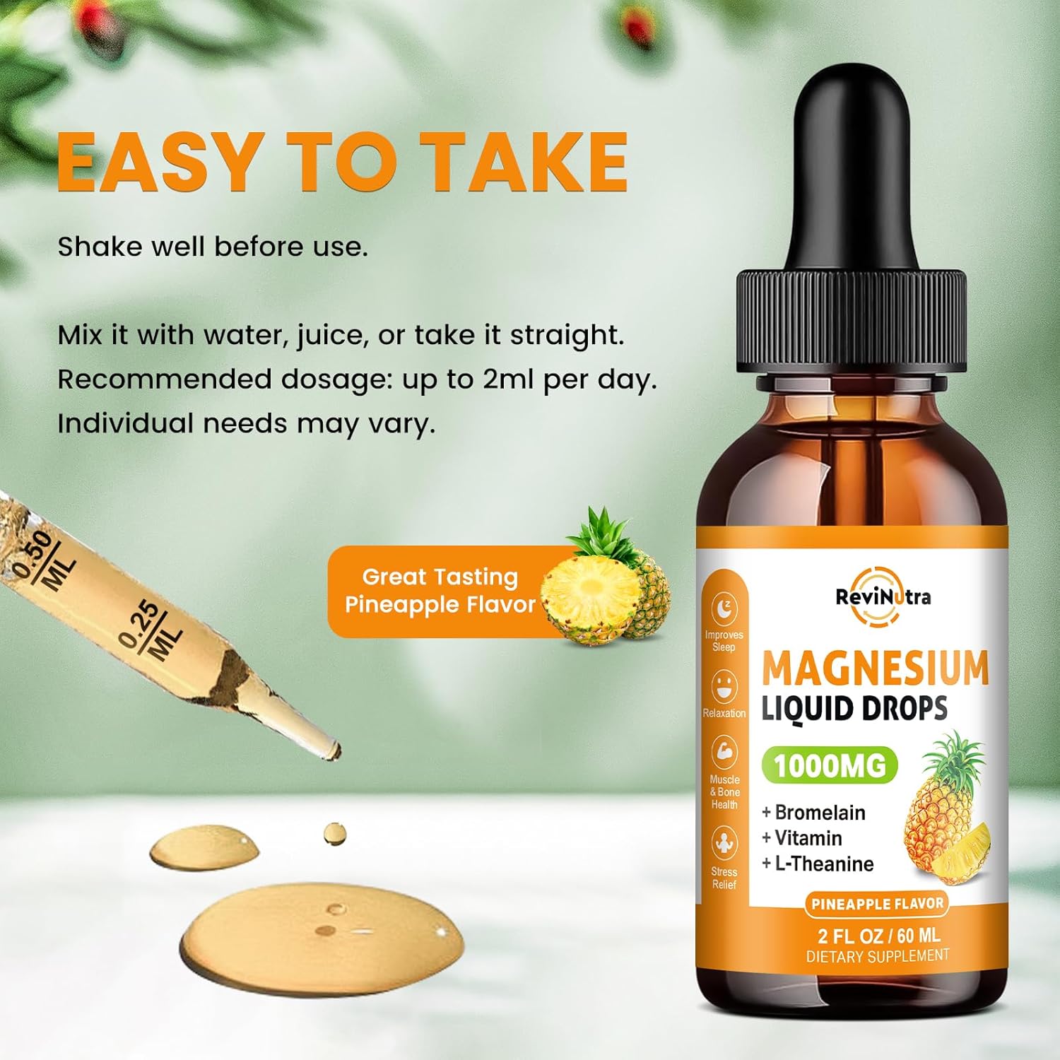 Pineapple Flavored ReviNutra Liquid Magnesium and Iron Supplement for Enhanced Health and Wellness