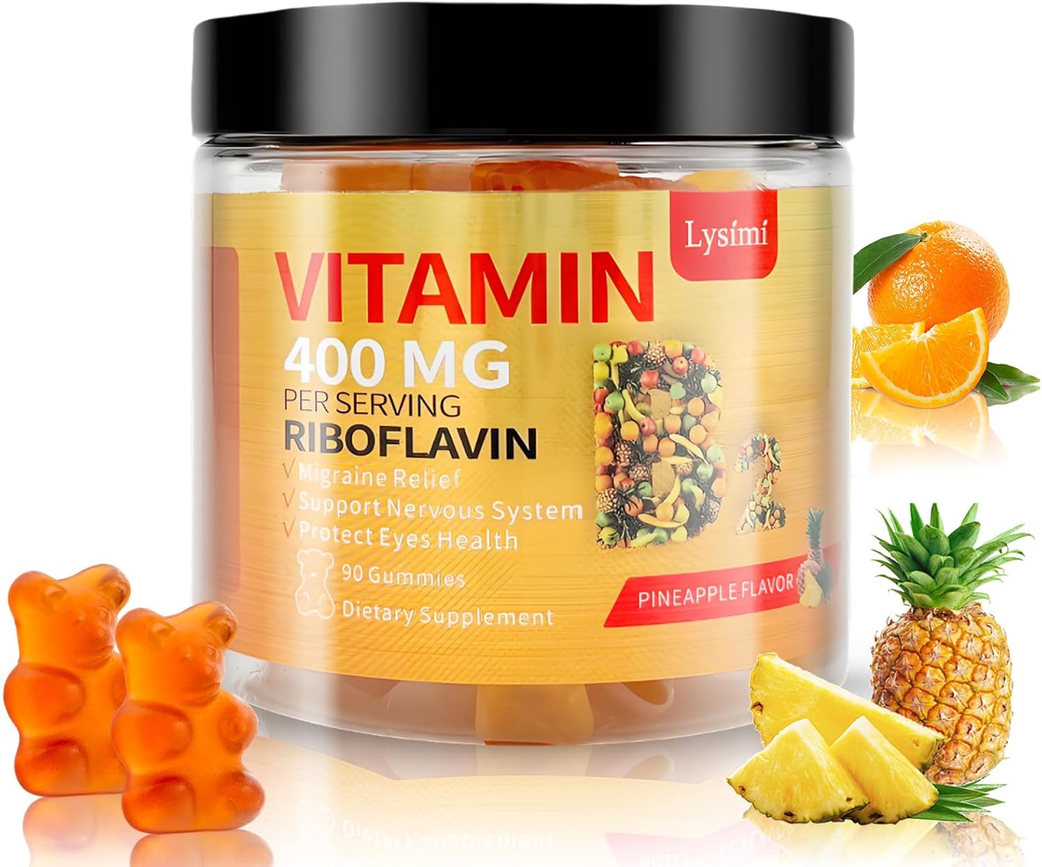 Pineapple Flavored Vitamin B2 400mg Gummies with Magnesium & CoQ10 - Migraine Relief & Nervous System Support - 90 Chewable Gummies for All Ages