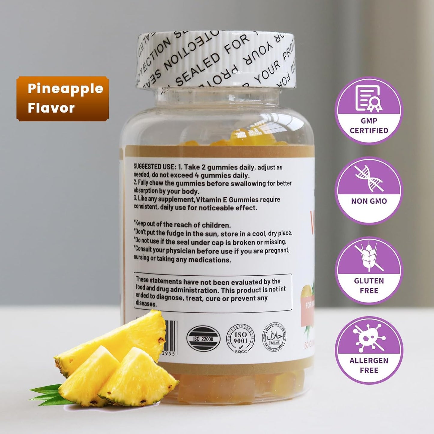 Pineapple Flavored Vitamin E Gummies - 268mg Antioxidant Supplements for Immune Health, Adults, Men, Women - 60 Count