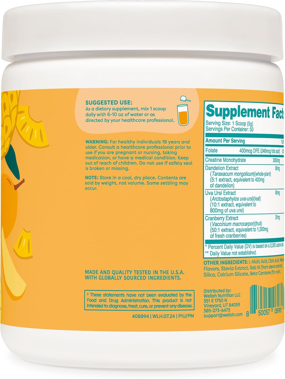 Pineapple Mango Wellah Pump-It-Up Creatine - 50 Servings, Monohydrate with Dandelion, Uva Ursi, & Cranberry Extract
