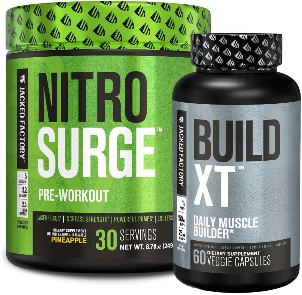 Pineapple Nitrosurge Pre-Workout & Build XT Muscle Building Bundle for Men & Women by Jacked Factory