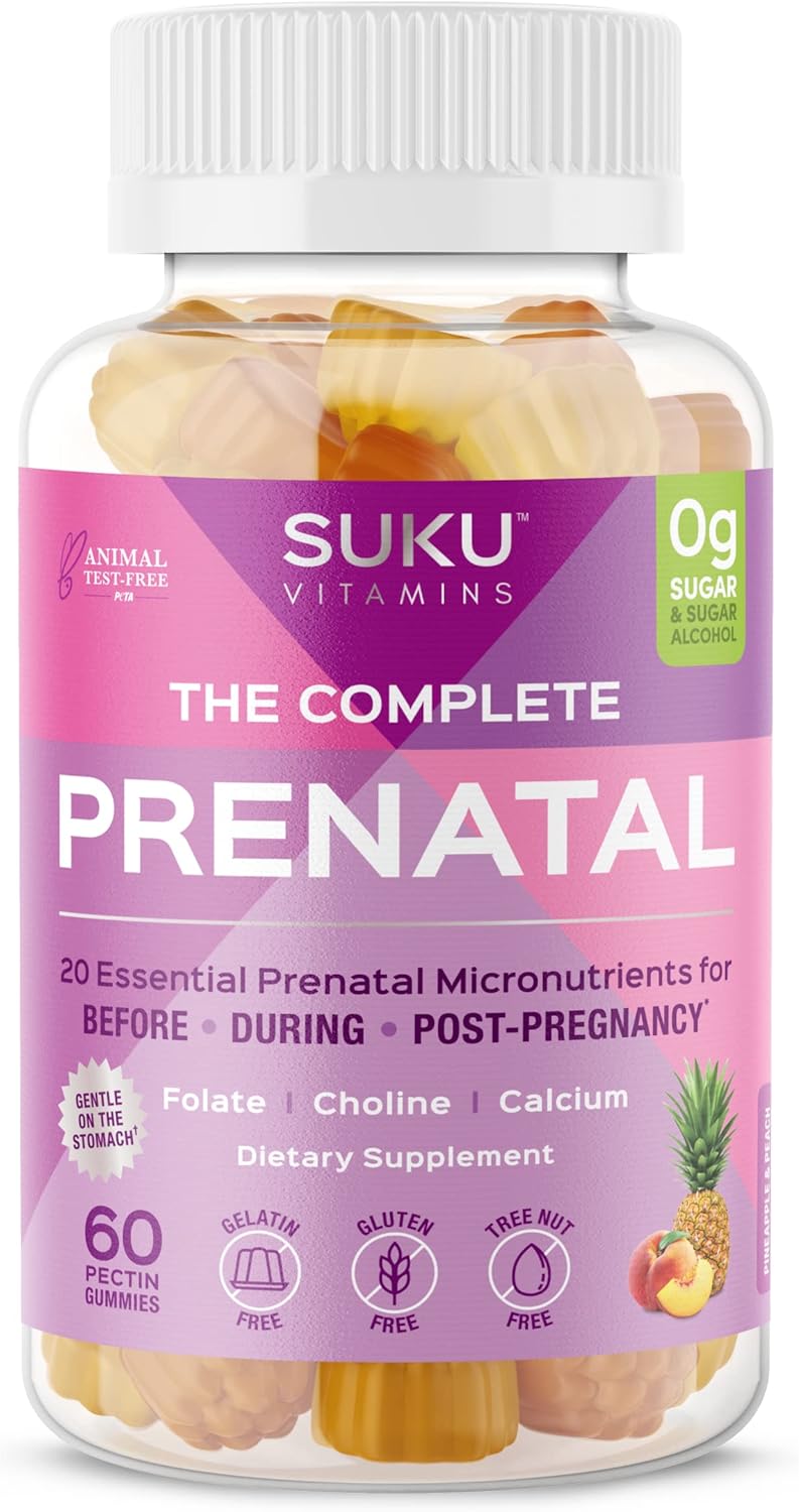 Pineapple Peach Flavored Prenatal Gummy Vitamins with Calcium, Vitamin B12, K2 - 60 Count - Non GMO, Gluten & Sugar Free