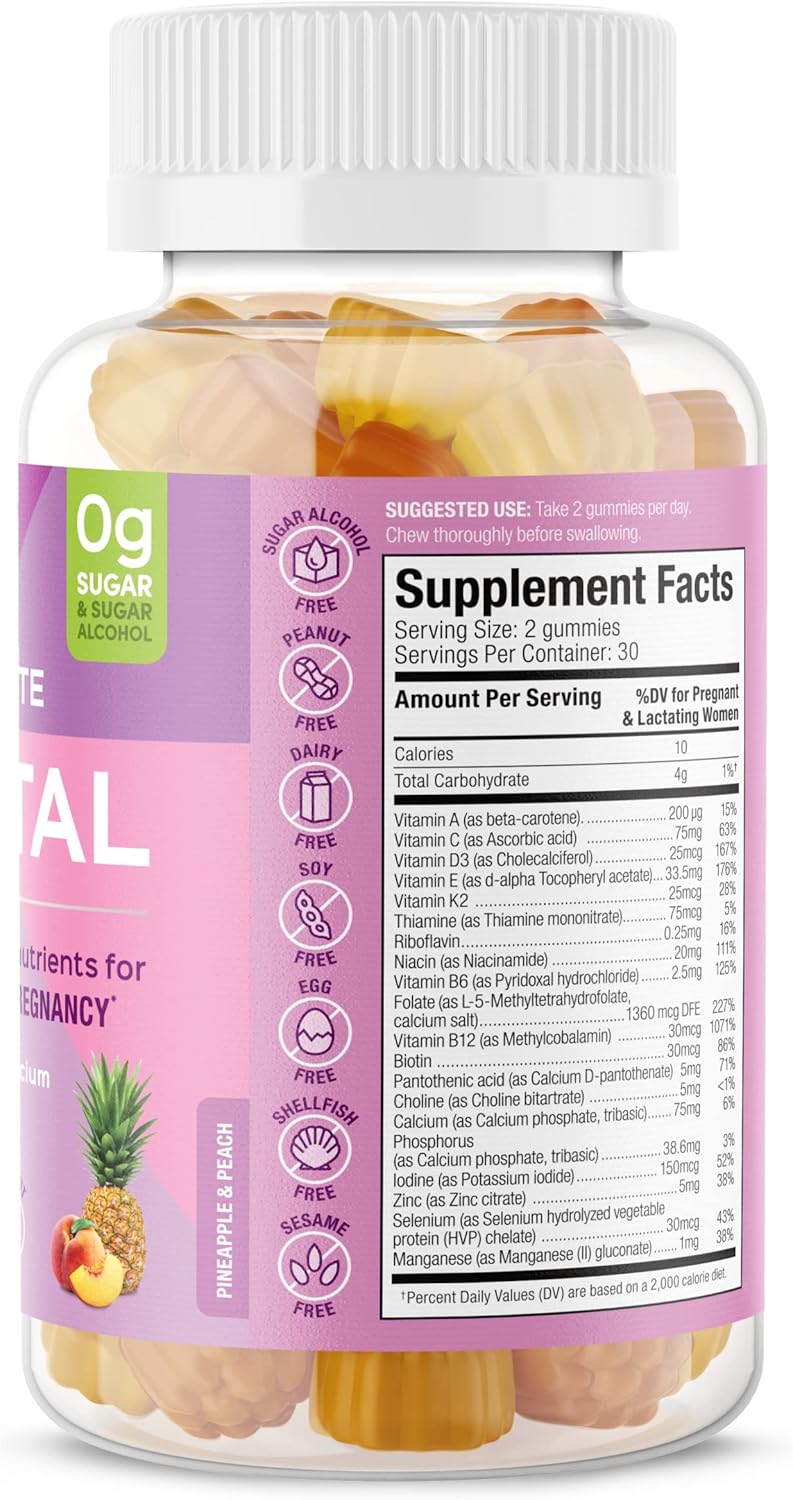 Pineapple Peach Flavored Prenatal Gummy Vitamins with Calcium, Vitamin B12, K2 - 60 Count - Non GMO, Gluten & Sugar Free