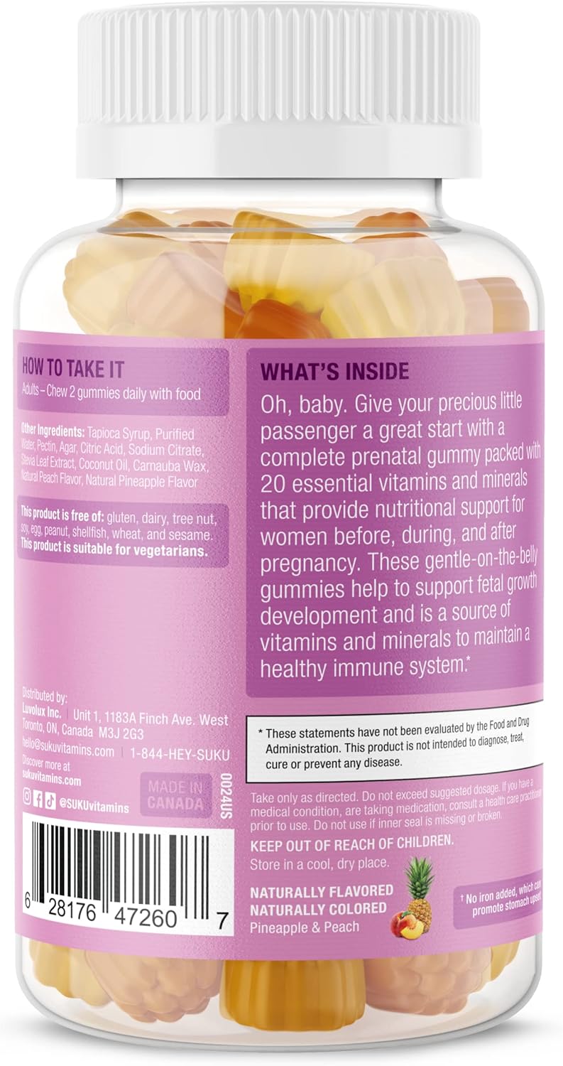 Pineapple Peach Flavored Prenatal Gummy Vitamins with Calcium, Vitamin B12, K2 - 60 Count - Non GMO, Gluten & Sugar Free