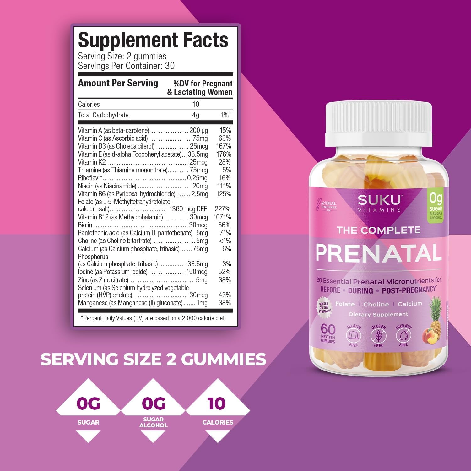 Pineapple Peach Flavored Prenatal Gummy Vitamins with Calcium, Vitamin B12, K2 - 60 Count - Non GMO, Gluten & Sugar Free
