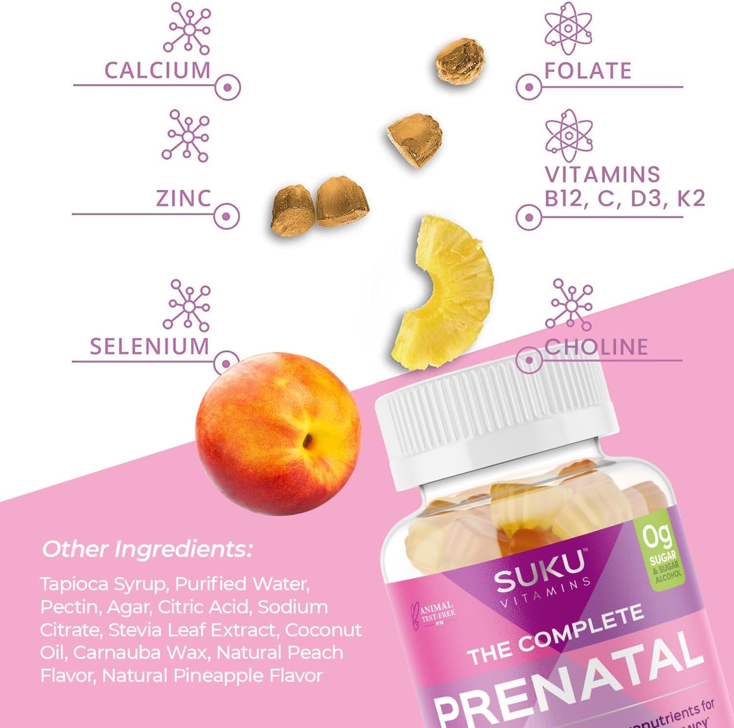 Pineapple Peach Flavored Prenatal Gummy Vitamins with Calcium, Vitamin B12, K2 - 60 Count - Non GMO, Gluten & Sugar Free