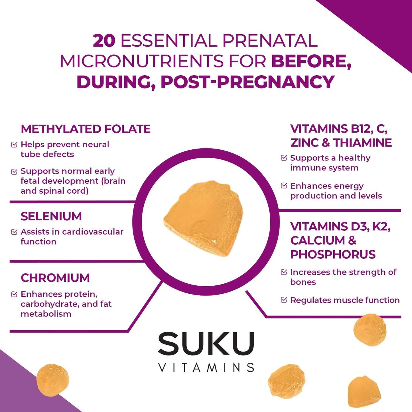 Pineapple Peach Flavored Prenatal Gummy Vitamins with Calcium, Vitamin B12, K2 - 60 Count - Non GMO, Gluten & Sugar Free