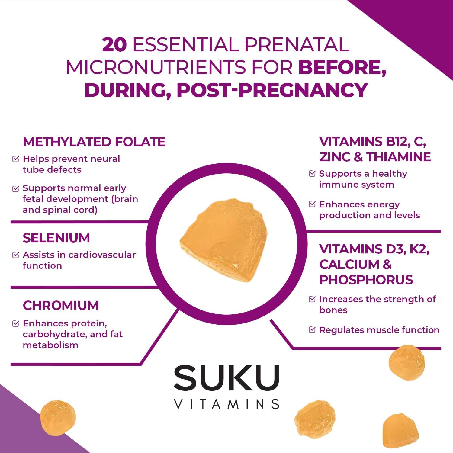 Pineapple Peach Flavored Prenatal Gummy Vitamins with Calcium, Vitamin B12, K2 - 60 Count - Non GMO, Gluten & Sugar Free