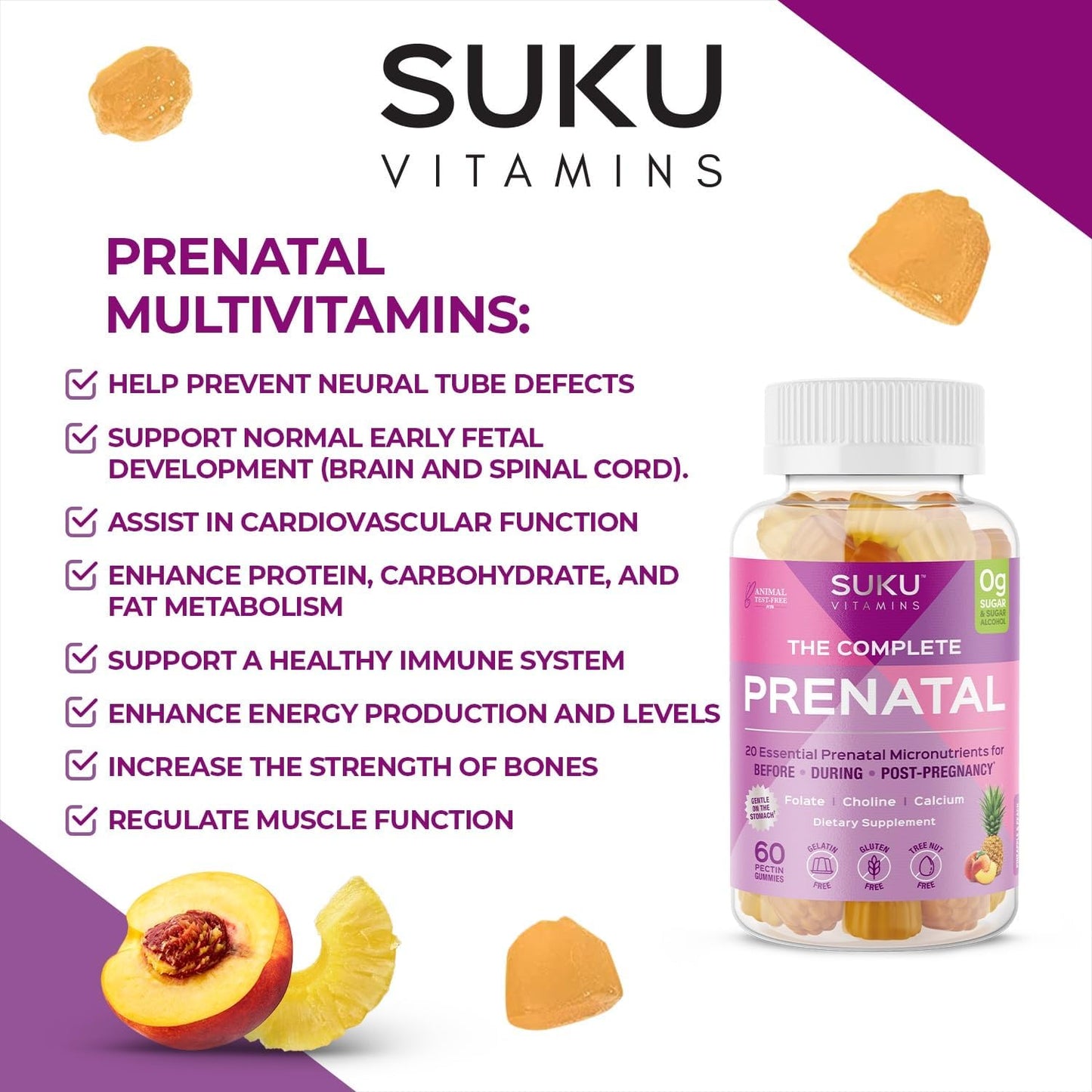 Pineapple Peach Flavored Prenatal Gummy Vitamins with Calcium, Vitamin B12, K2 - 60 Count - Non GMO, Gluten & Sugar Free