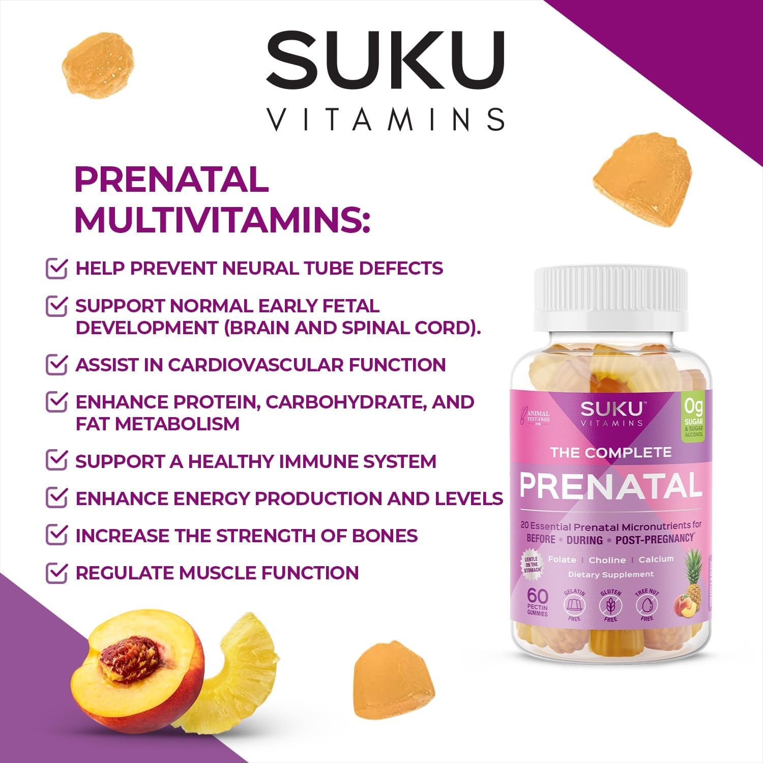 Pineapple Peach Flavored Prenatal Gummy Vitamins with Calcium, Vitamin B12, K2 - 60 Count - Non GMO, Gluten & Sugar Free