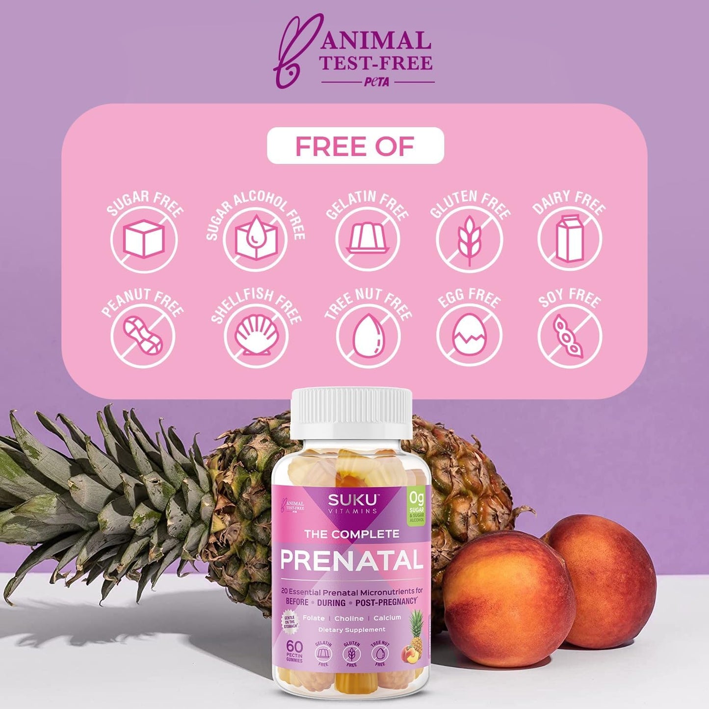 Pineapple Peach Flavored Prenatal Gummy Vitamins with Calcium, Vitamin B12, K2 - 60 Count - Non GMO, Gluten & Sugar Free