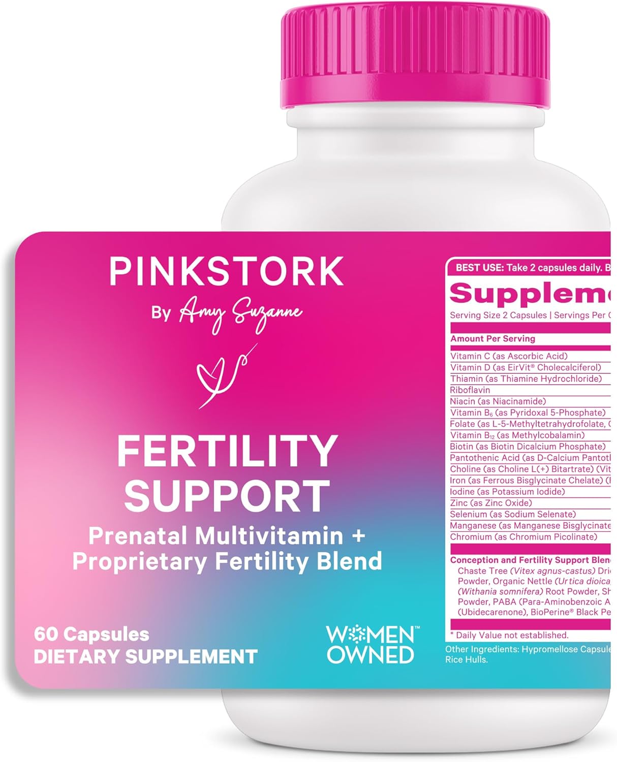 Pink Stork Fertility Support Supplements for Women - Prenatal Multivitamin with Hormone Balance & Ovulation Support - 17 Vitamins & Herbs - 60 Capsules