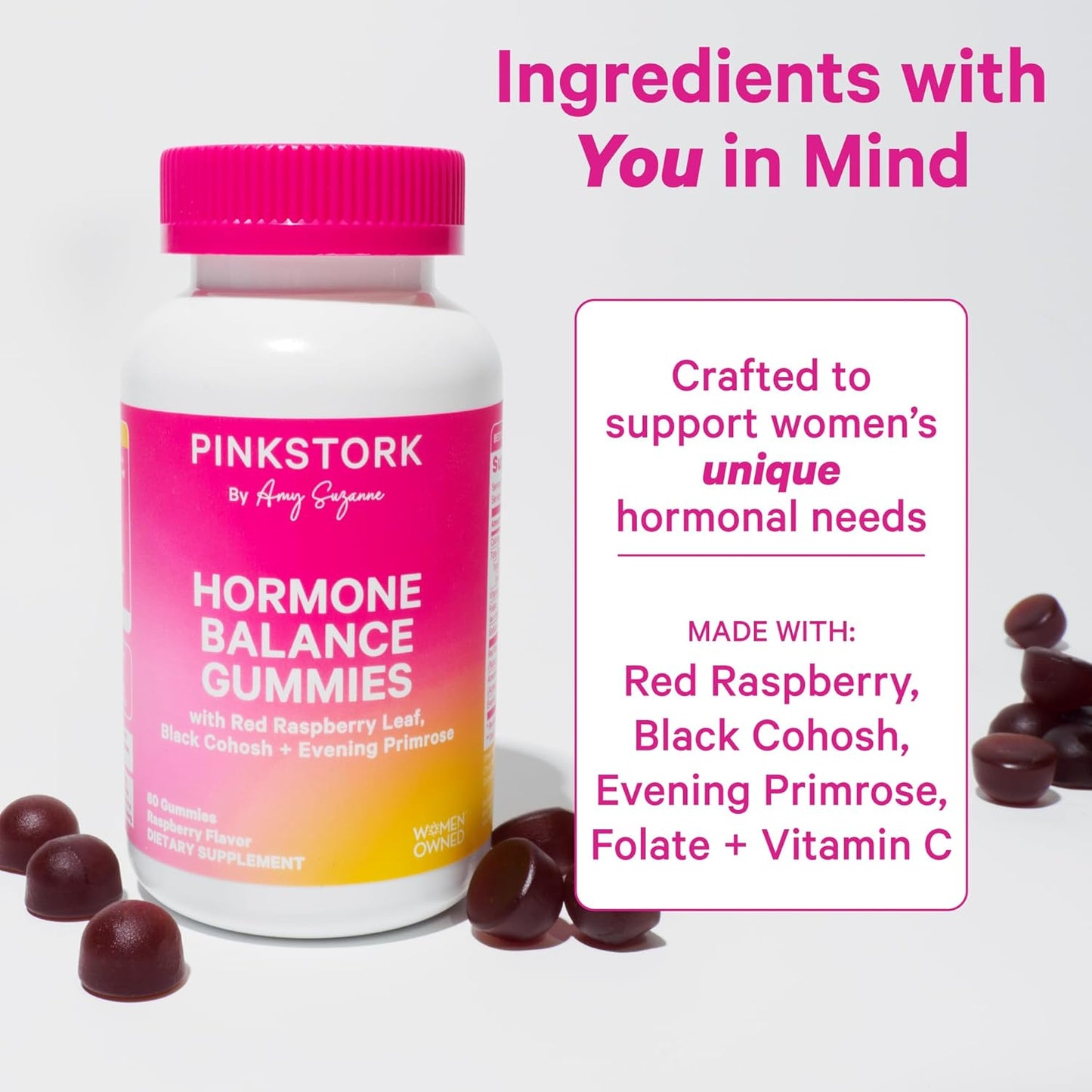 Pink Stork Hormone Balance Gummies - Mood, Energy, Bloating Support for Women - PMS, Perimenopause, Menopause - Red Raspberry Leaf & Black Cohosh - 60 Gummies