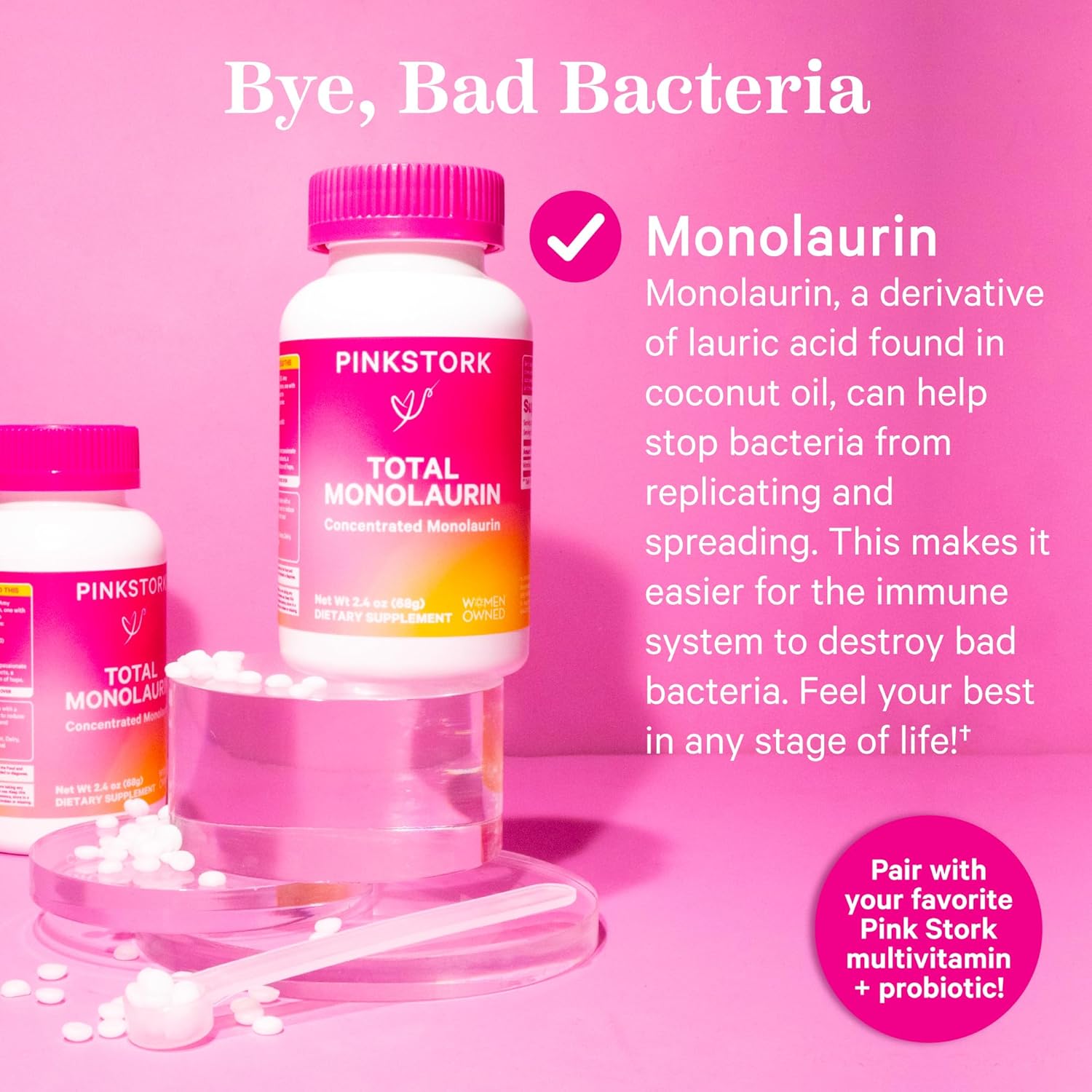Pink Stork Monolaurin: Morning Sickness Relief & Immune Support - Concentrated Coconut Monolaurin for Gut Health - 750mg/serving - 2.4 oz