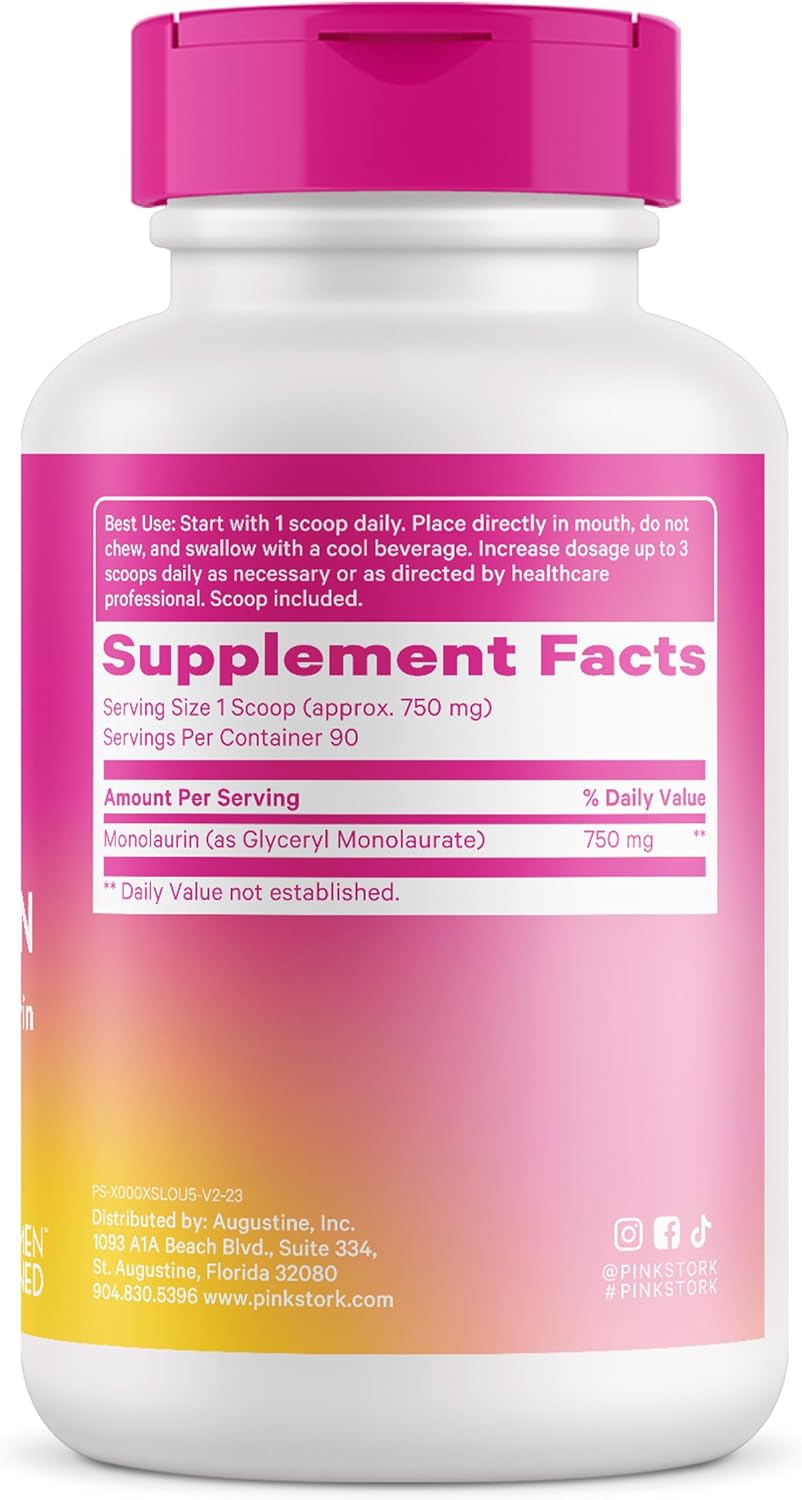 Pink Stork Monolaurin: Morning Sickness Relief & Immune Support - Concentrated Coconut Monolaurin for Gut Health - 750mg/serving - 2.4 oz