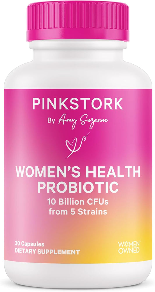 Pink Stork Women's Probiotic Capsules - Supports Vaginal Health & pH Balance with 10 Billion CFUs - 5 Strains for Gut Flora & Immune Health - 30 Count