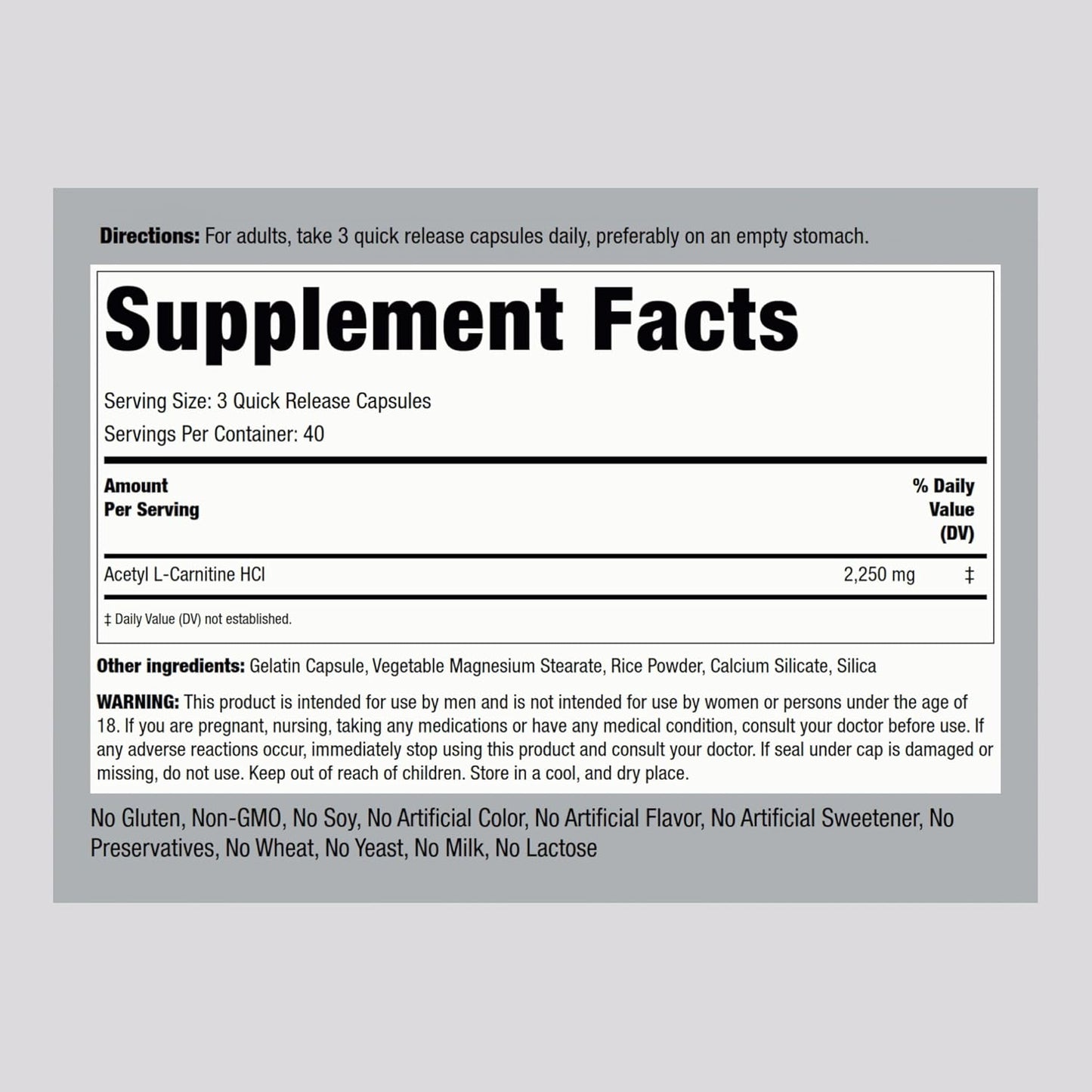Piping Rock Acetyl L-Carnitine HCL 2250mg 120 Capsules - Therapeutic Non-GMO Gluten Free Supplement