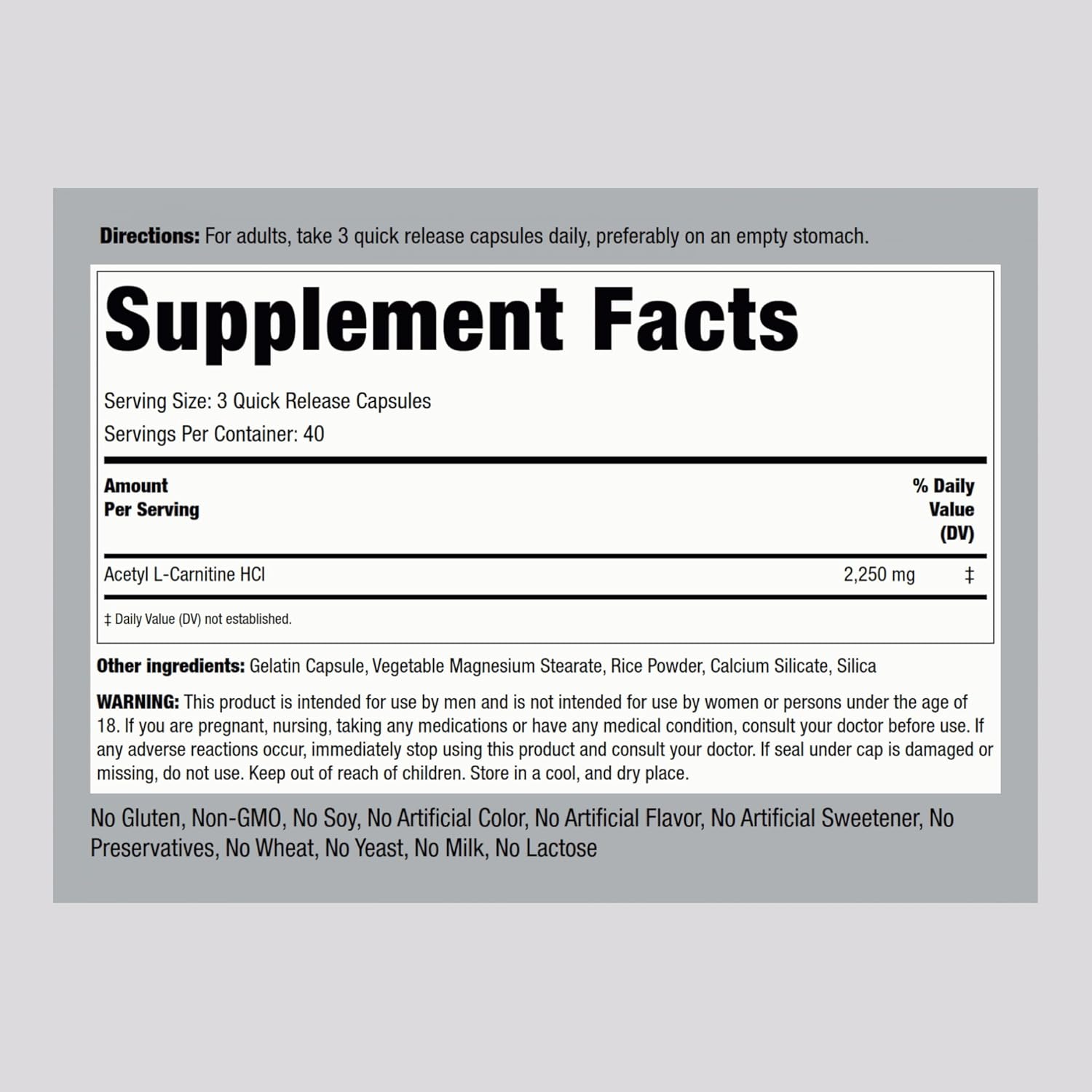 Piping Rock Acetyl L-Carnitine HCL 2250mg 120 Capsules - Therapeutic Non-GMO Gluten Free Supplement