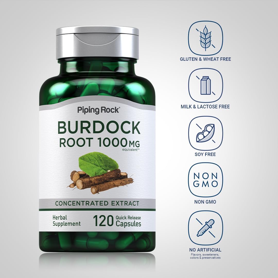 Piping Rock Burdock Root Capsules 1000mg - 120 Count Herbal Supplement Extract - Gluten Free, Non-GMO