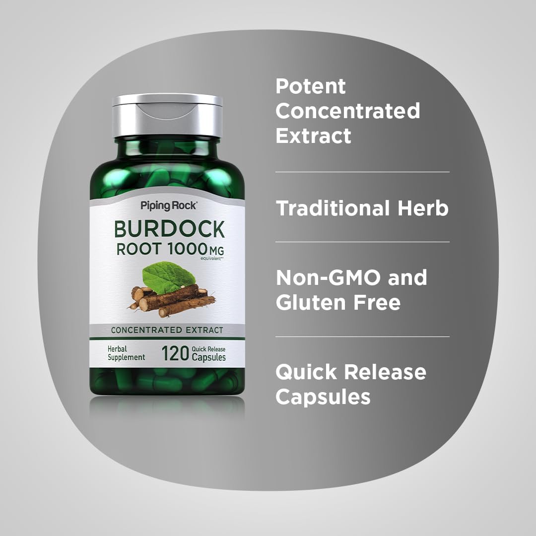 Piping Rock Burdock Root Capsules 1000mg - 120 Count Herbal Supplement Extract - Gluten Free, Non-GMO