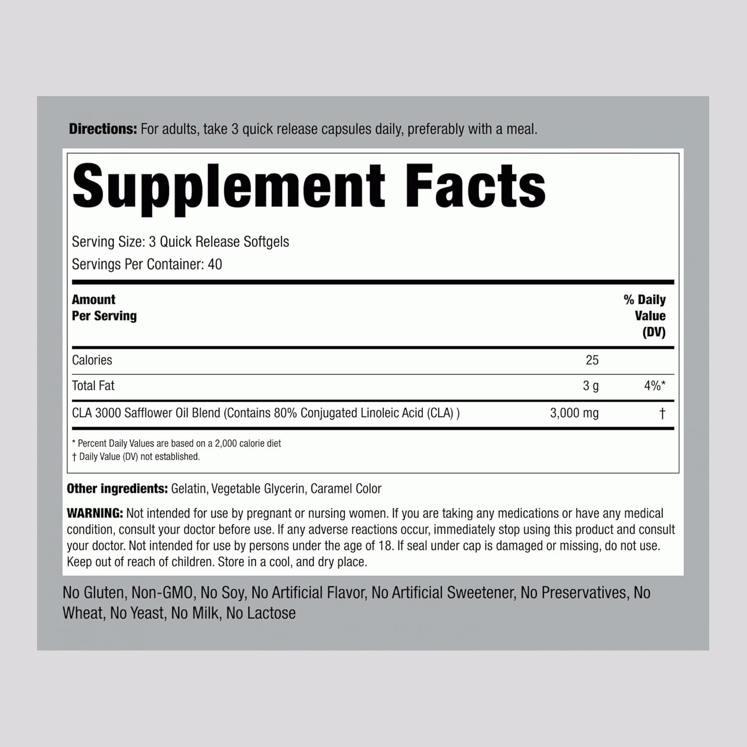 Piping Rock Conjugated Linoleic Acid (CLA) Supplements - 3000mg, 120 Softgels - Non-GMO, Gluten Free