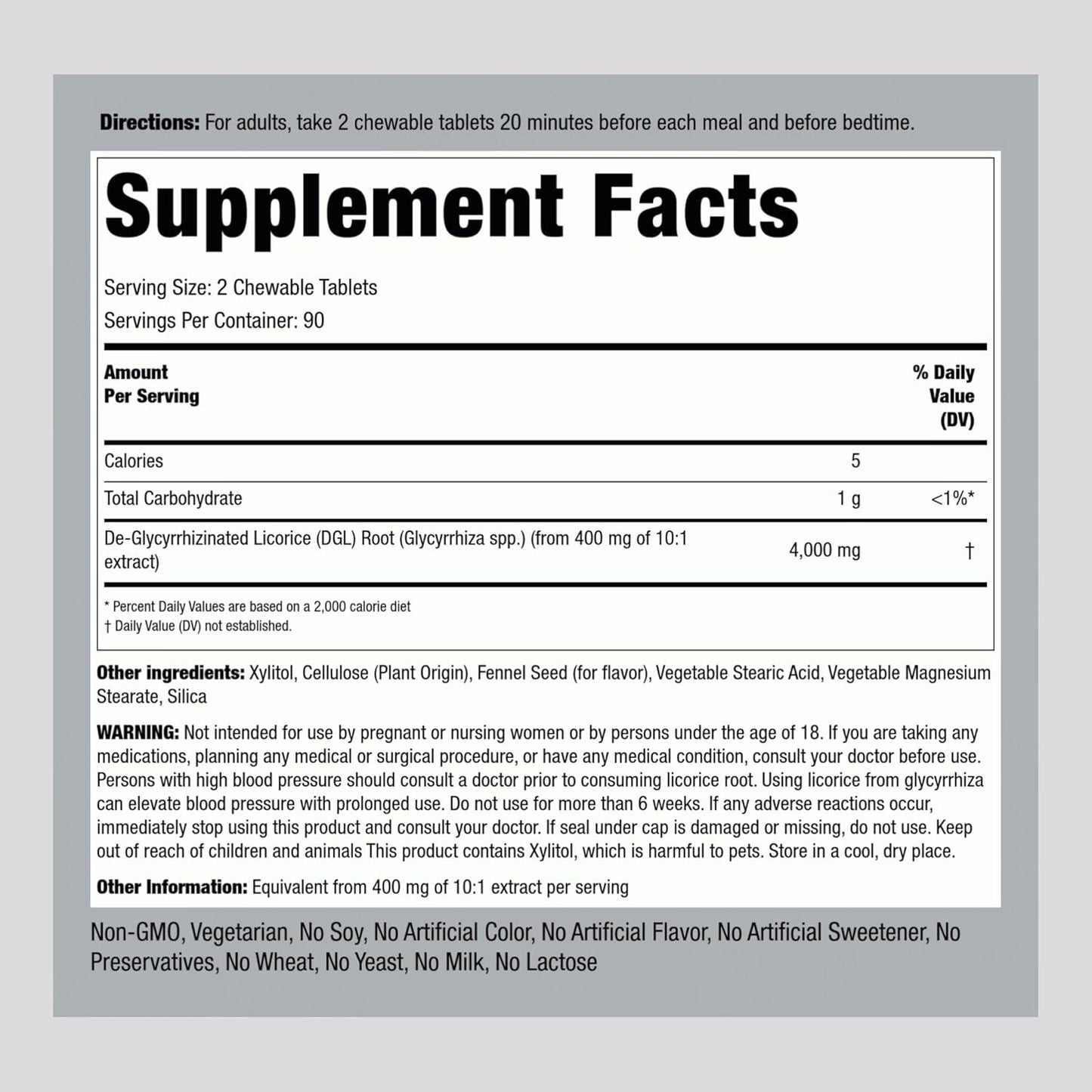 Piping Rock DGL Licorice Tablets - 4000mg Root Extract, 180 Pills, Vegetarian & Non-GMO Supplement