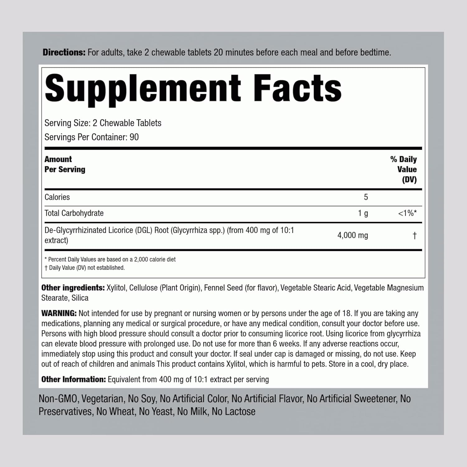 Piping Rock DGL Licorice Tablets - 4000mg Root Extract, 180 Pills, Vegetarian & Non-GMO Supplement