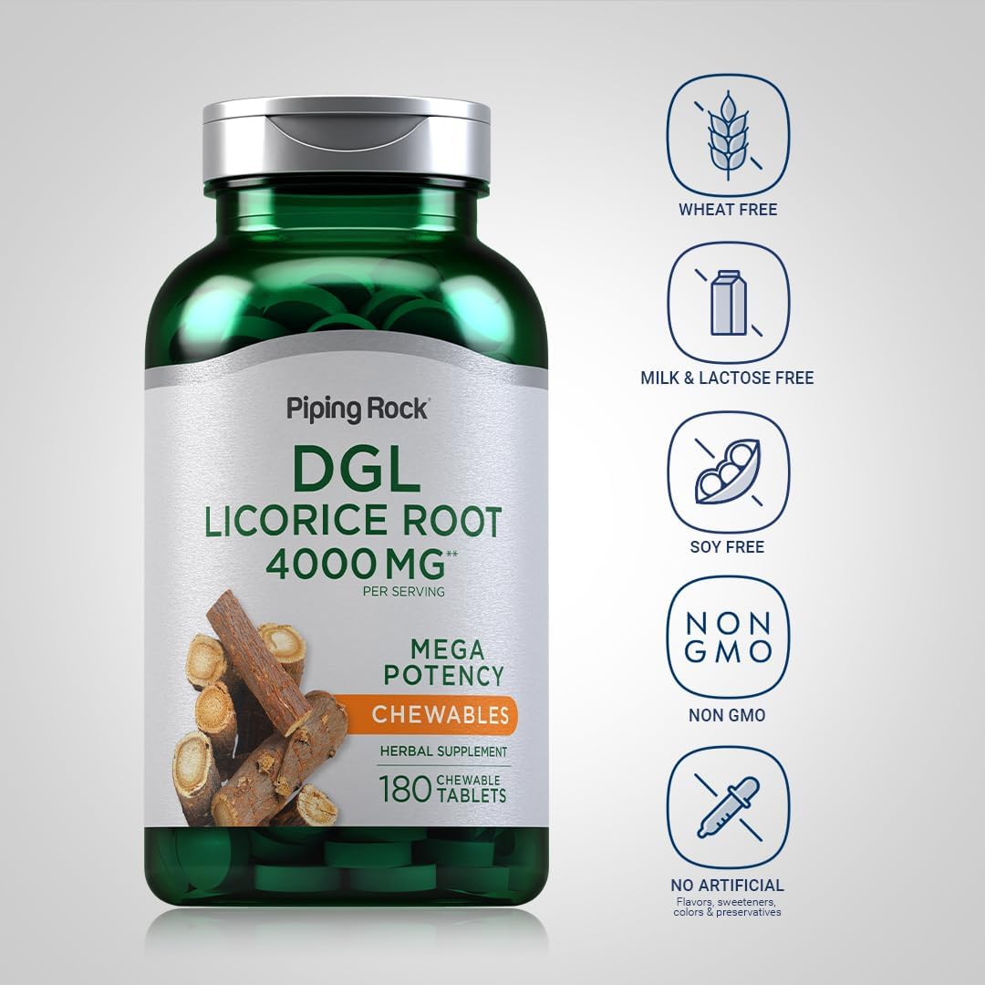 Piping Rock DGL Licorice Tablets - 4000mg Root Extract, 180 Pills, Vegetarian & Non-GMO Supplement