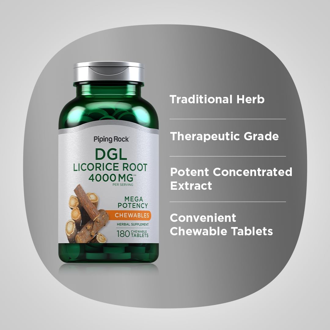Piping Rock DGL Licorice Tablets - 4000mg Root Extract, 180 Pills, Vegetarian & Non-GMO Supplement