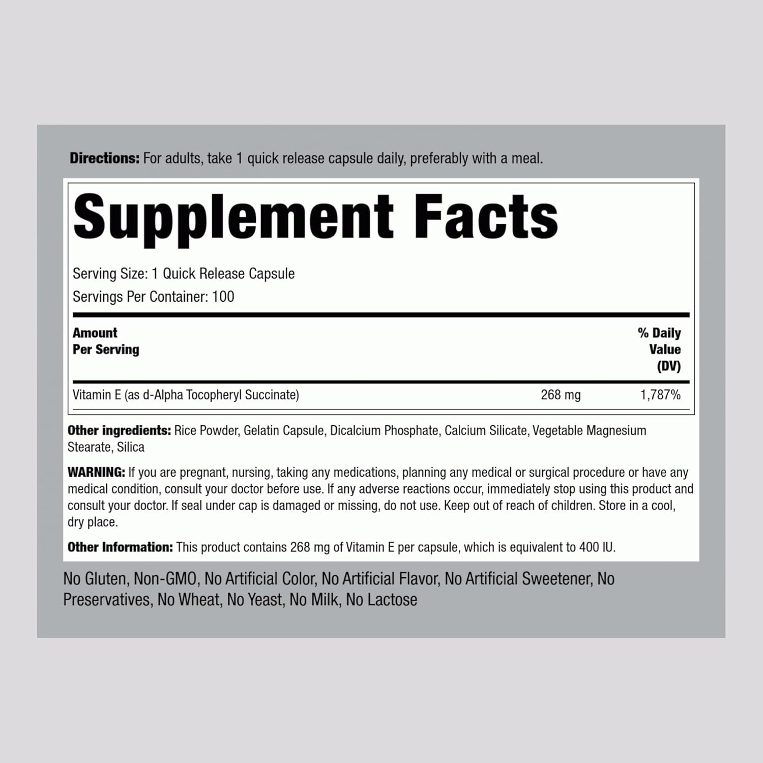 Piping Rock Dry Vitamin E 400 IU Capsules - D-Alpha Tocopheryl, 268mg, Non-GMO, Gluten Free Formula