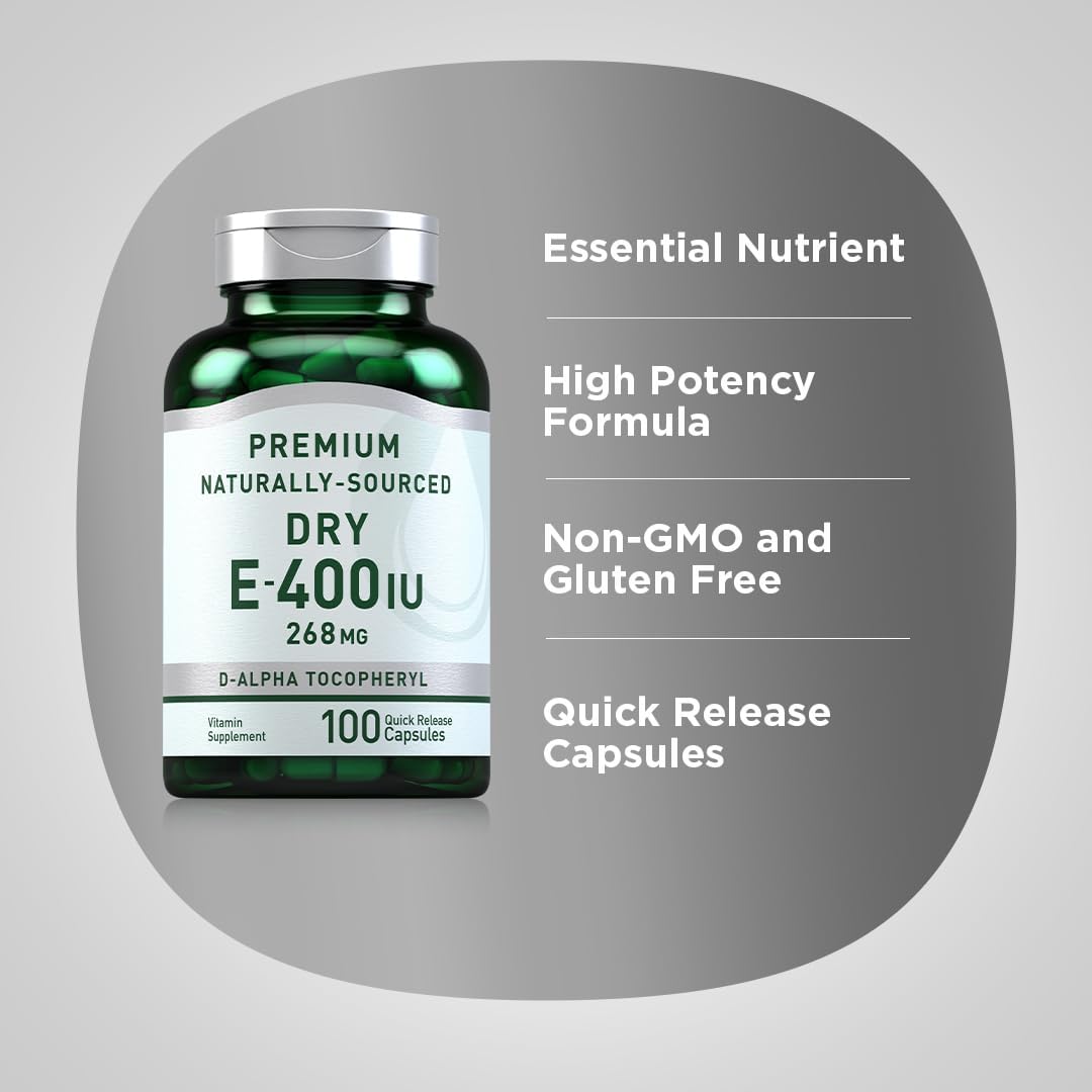 Piping Rock Dry Vitamin E 400 IU Capsules - D-Alpha Tocopheryl, 268mg, Non-GMO, Gluten Free Formula