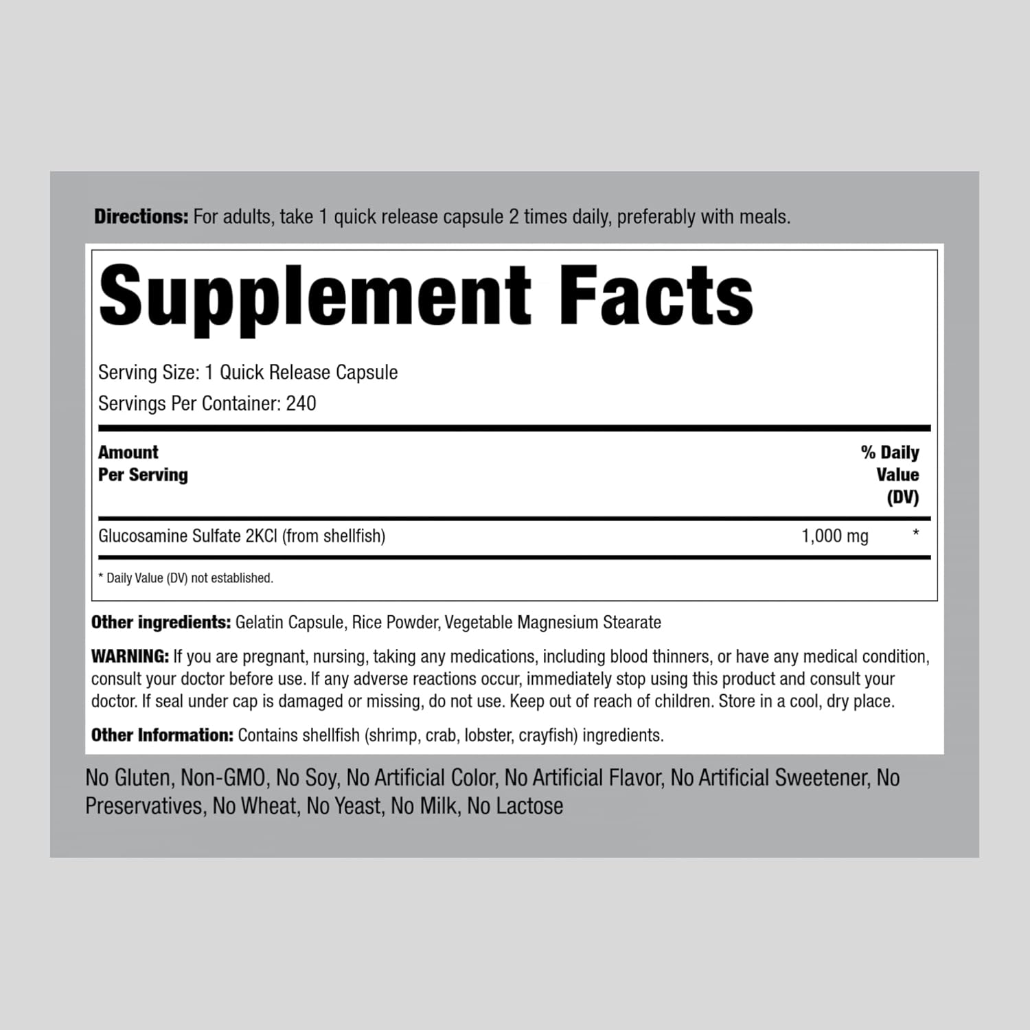 Piping Rock Glucosamine Sulfate 1000mg Capsules for Joint Support - Mega Strength, Sodium-Free, Non-GMO & Gluten-Free - 240 Count