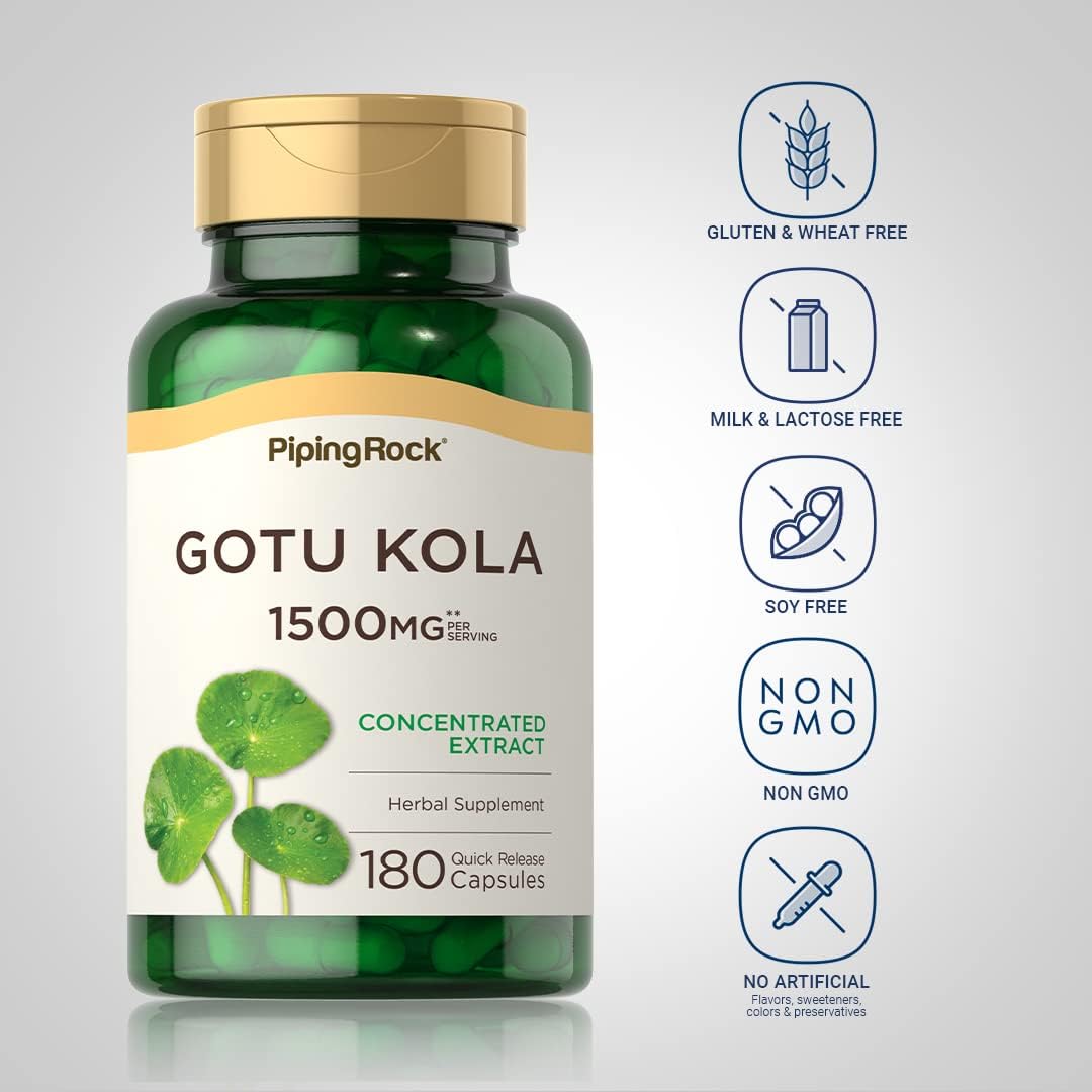 Piping Rock Gotu Kola Capsules 1500mg 180 Count Concentrated Herbal Extract Non-GMO Gluten Free Supplement
