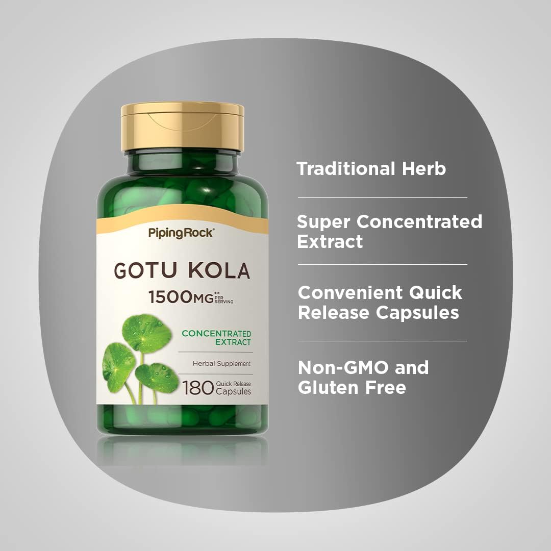 Piping Rock Gotu Kola Capsules 1500mg 180 Count Concentrated Herbal Extract Non-GMO Gluten Free Supplement