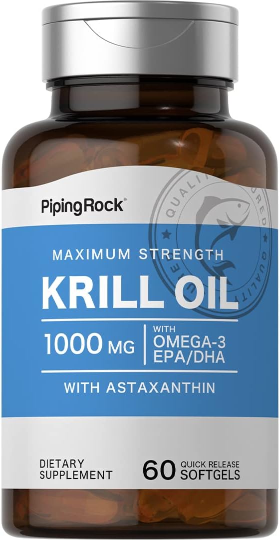 Piping Rock Krill Oil Softgels - 1000mg, 60 Count with Omega 3, EPA, DHA - Non-GMO, Gluten Free