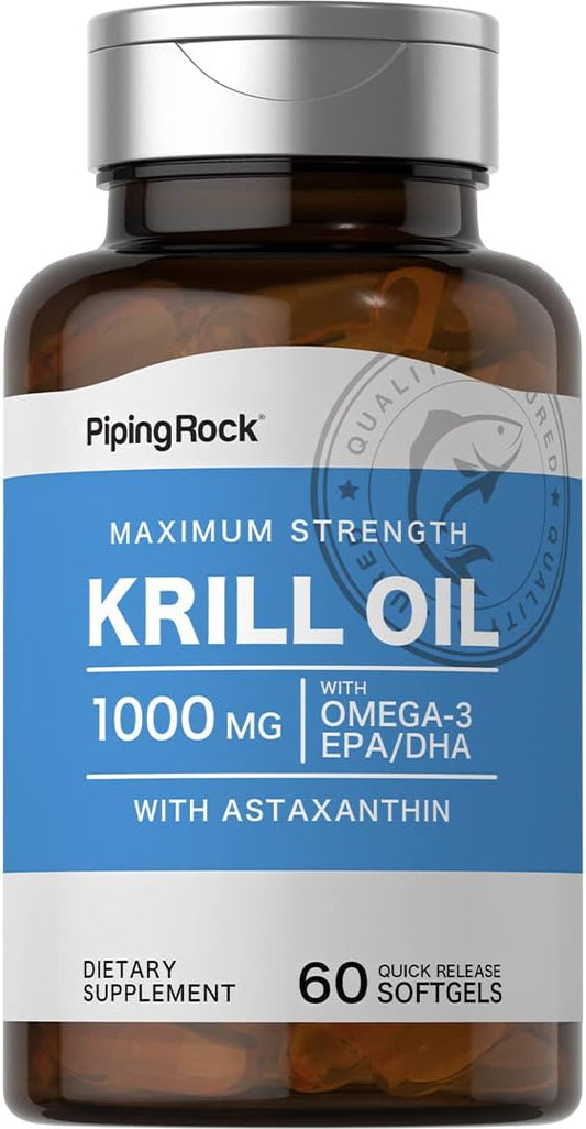 Piping Rock Krill Oil Softgels - 1000mg, 60 Count with Omega 3, EPA, DHA - Non-GMO, Gluten Free