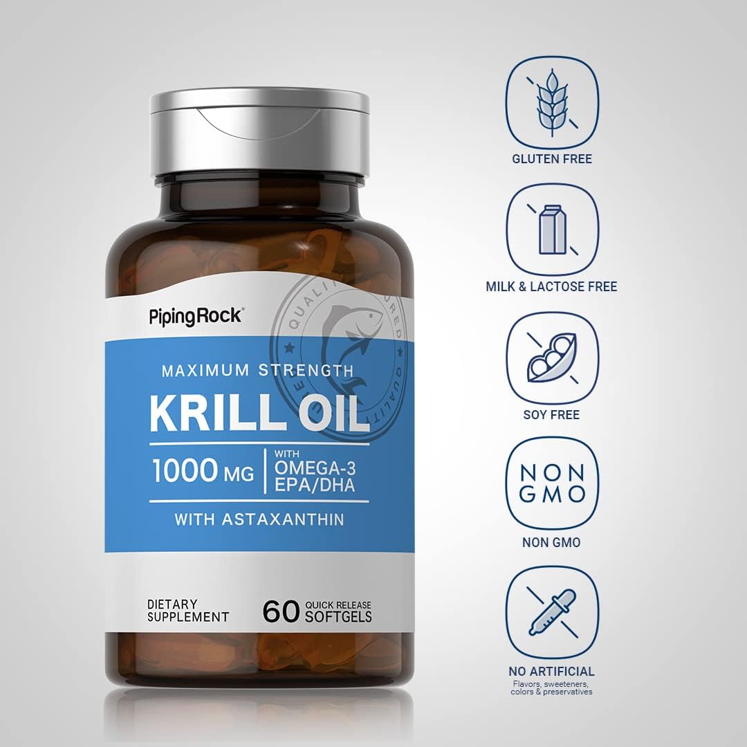 Piping Rock Krill Oil Softgels - 1000mg, 60 Count with Omega 3, EPA, DHA - Non-GMO, Gluten Free
