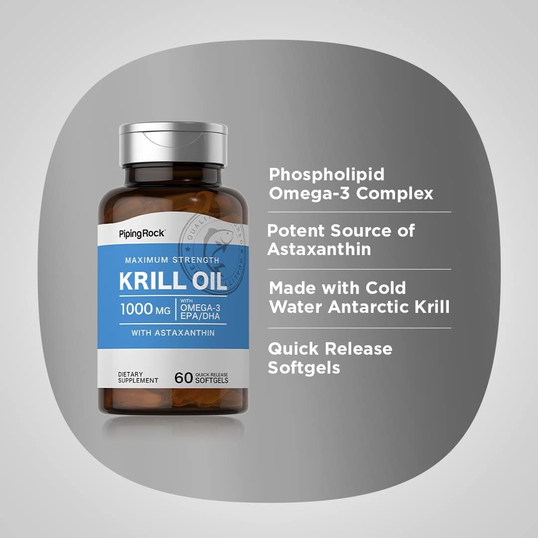 Piping Rock Krill Oil Softgels - 1000mg, 60 Count with Omega 3, EPA, DHA - Non-GMO, Gluten Free